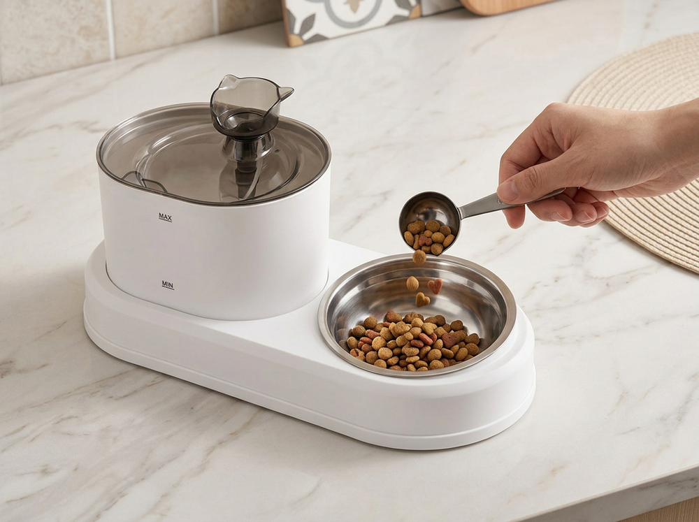 Dry pet food being added to the integrated bowl beside an automatic cat water fountain