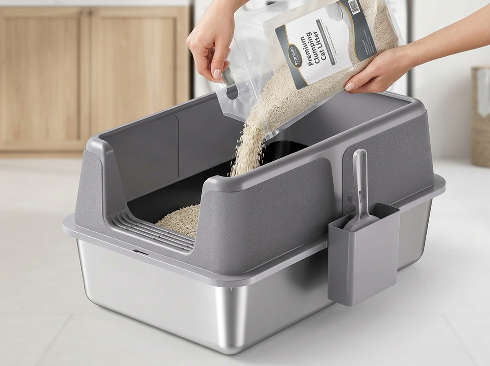 Owner pouring cat litter into extra-large stainless steel litter box