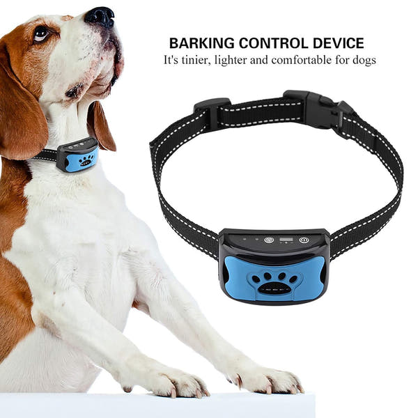 Anti bark dog collar featuring seven selectable sensitivity settings for training