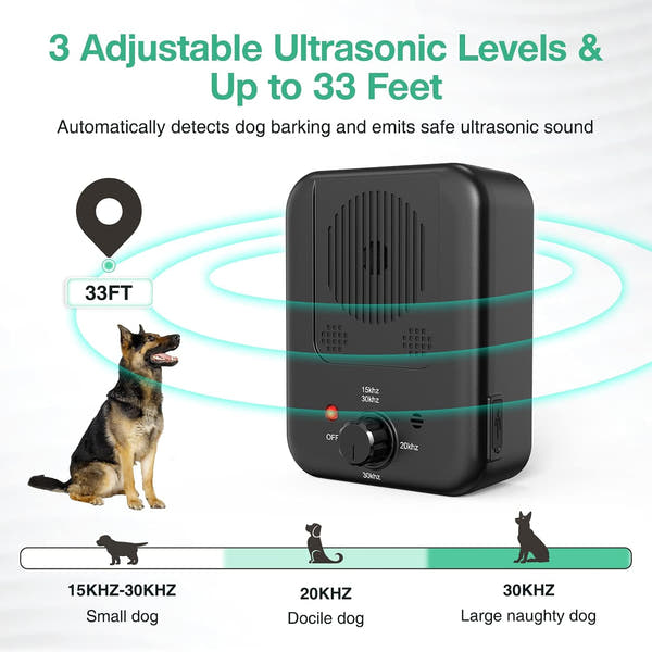Dog bark stopper with adjustable ultrasonic frequency and range settings
