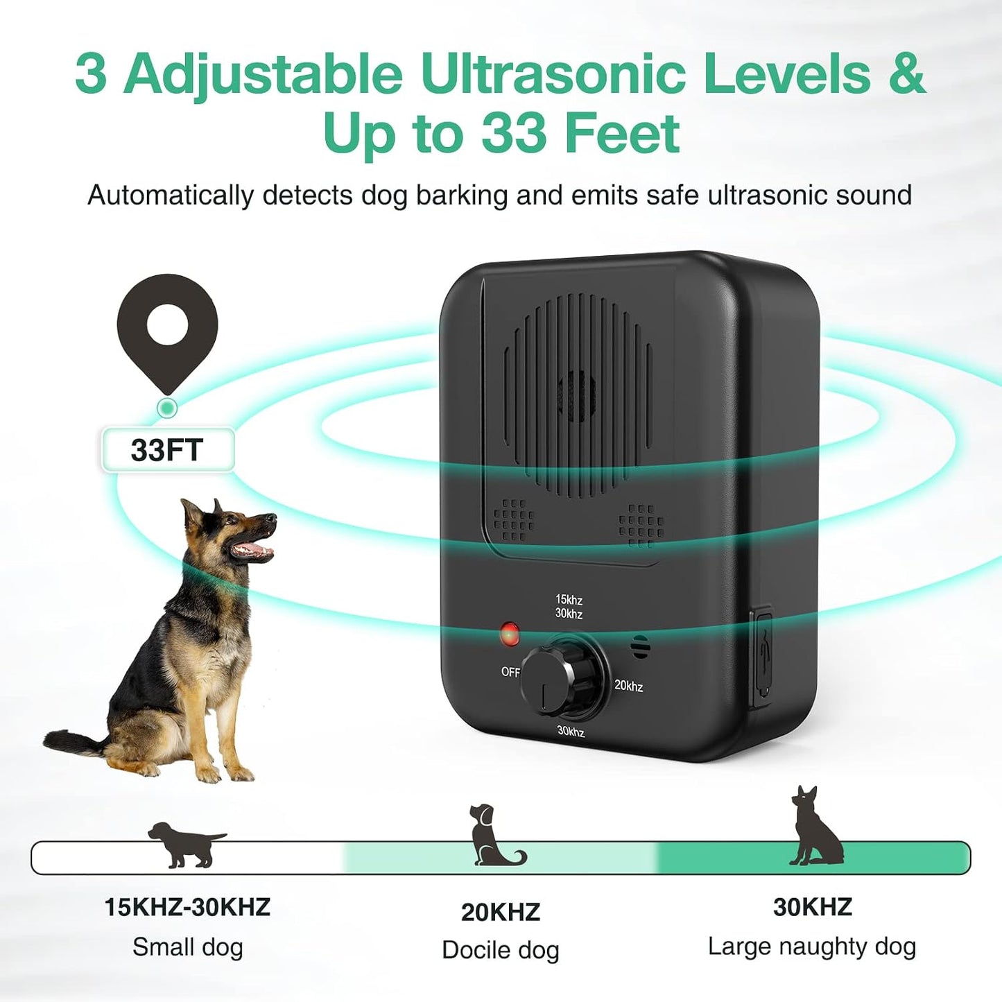 Dog bark stopper with adjustable ultrasonic frequency and range settings
