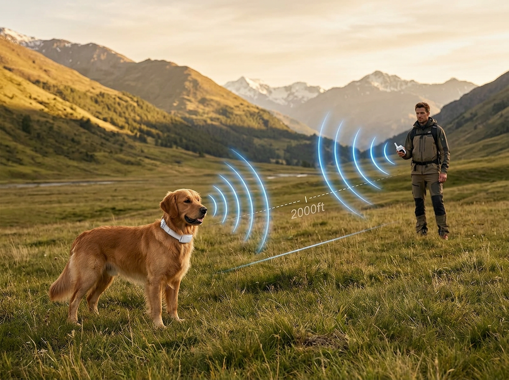 

Owner fitting remote training collar on small dog