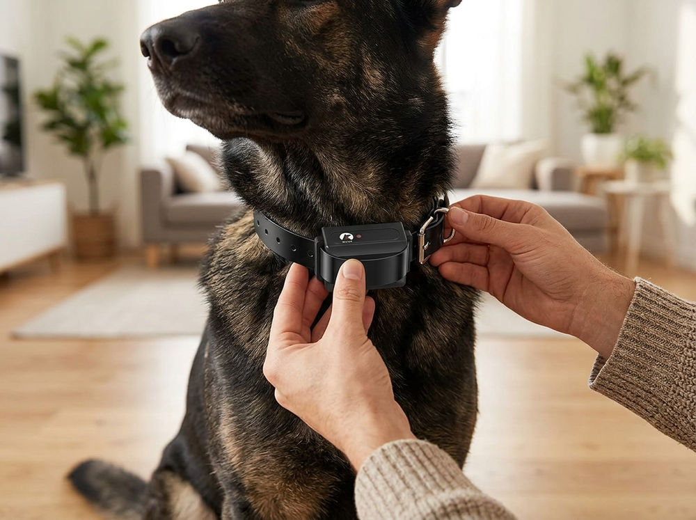 

Owner fitting remote anti-bark training collar on dog