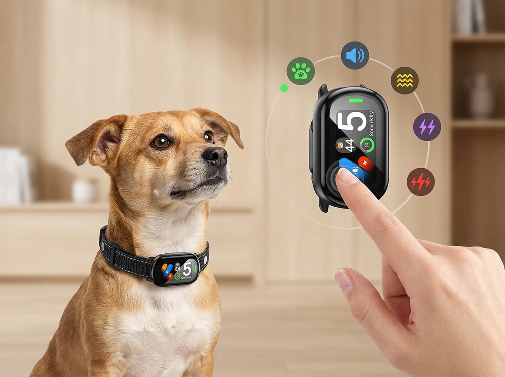 


Owner fitting rechargeable anti-bark collar on dog