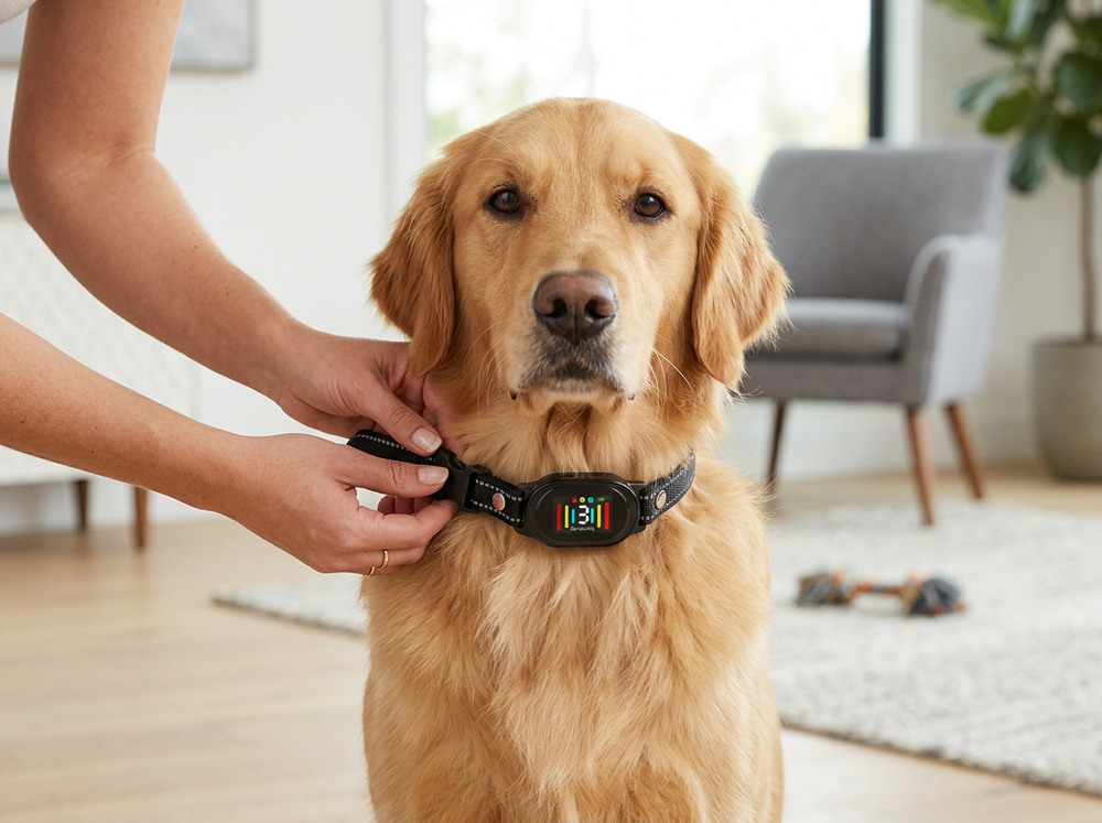 
 Owner fitting an automatic anti-bark collar securely on a dog.