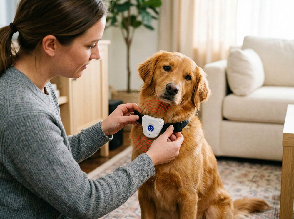 
 Owner fitting ultrasonic bark control collar on a dog.