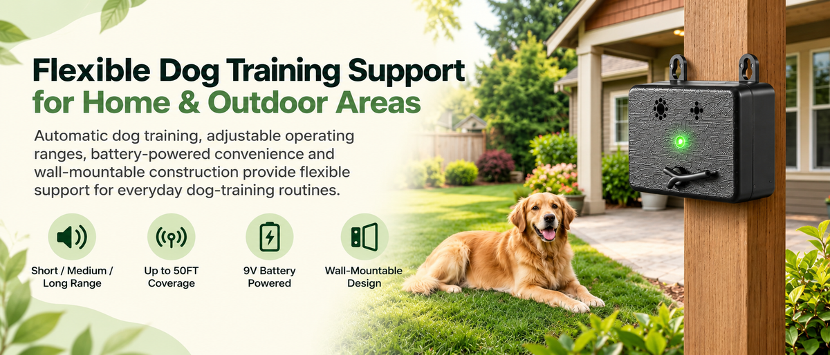 A dog training support box mounted on a wooden post in a backyard, with a golden retriever lying on the grass nearby. The product is black with a green status light, shown in a real outdoor environment with promotional text on the left.


