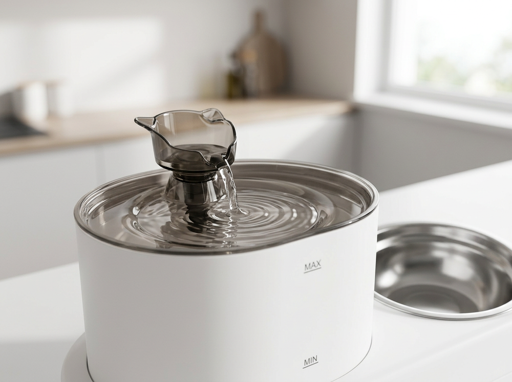 Automatic pet water fountain and integrated food bowl together in one feeding station