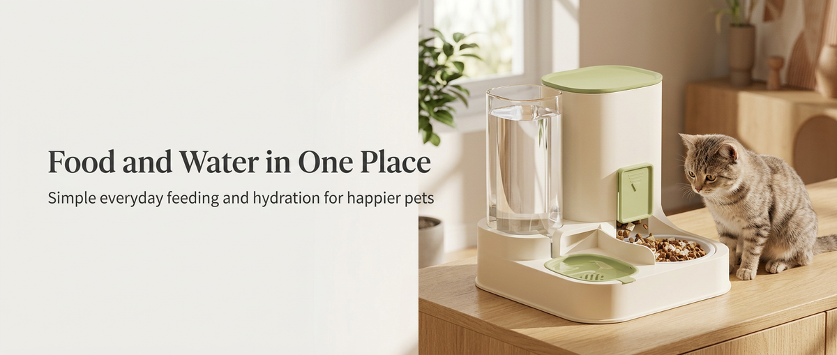 Two in one pet food feeder and water dispenser with cat in a modern home