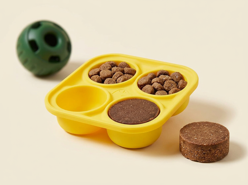 Yellow square dog treat tray with four circular cavities and prepared round treats