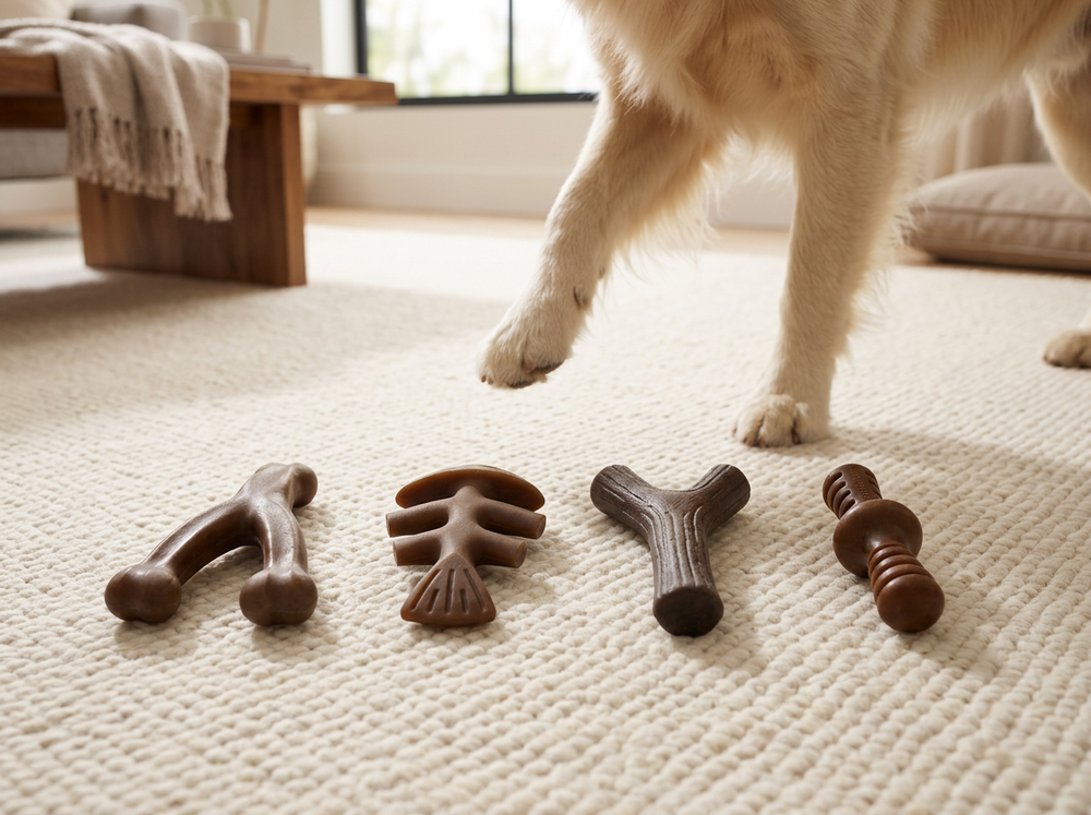 Four brown textured dog chew toys in different wishbone, fishbone, branch and ridged shapes arranged on a rug