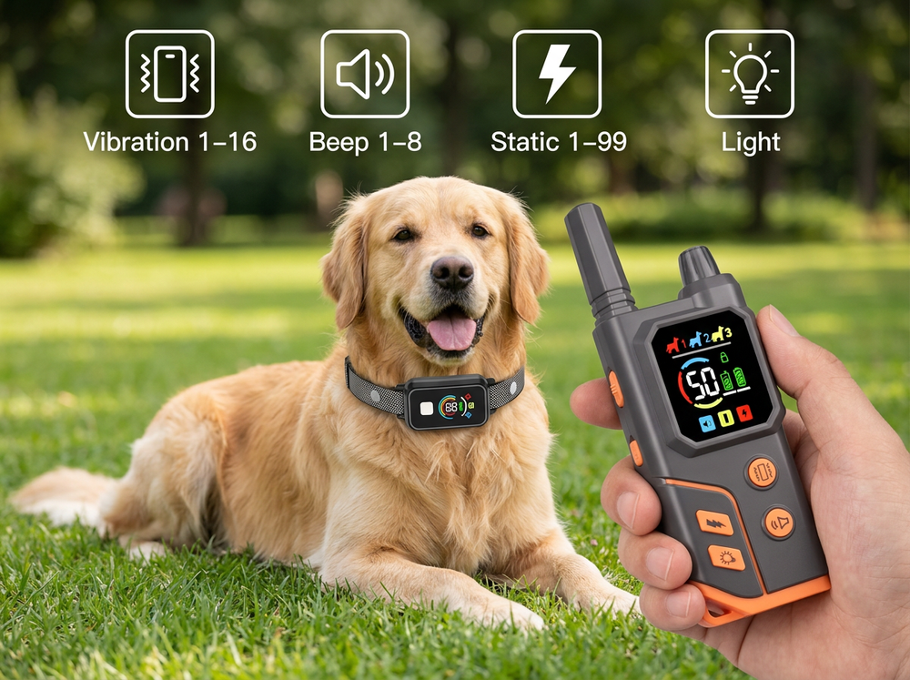 Remote dog training collar featuring vibration, beep, adjustable static stimulation and receiver light modes.