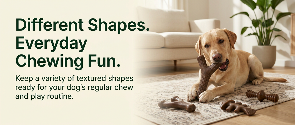 Dog playing with a brown textured chew toy while three other chew shapes rest nearby in a bright modern living room