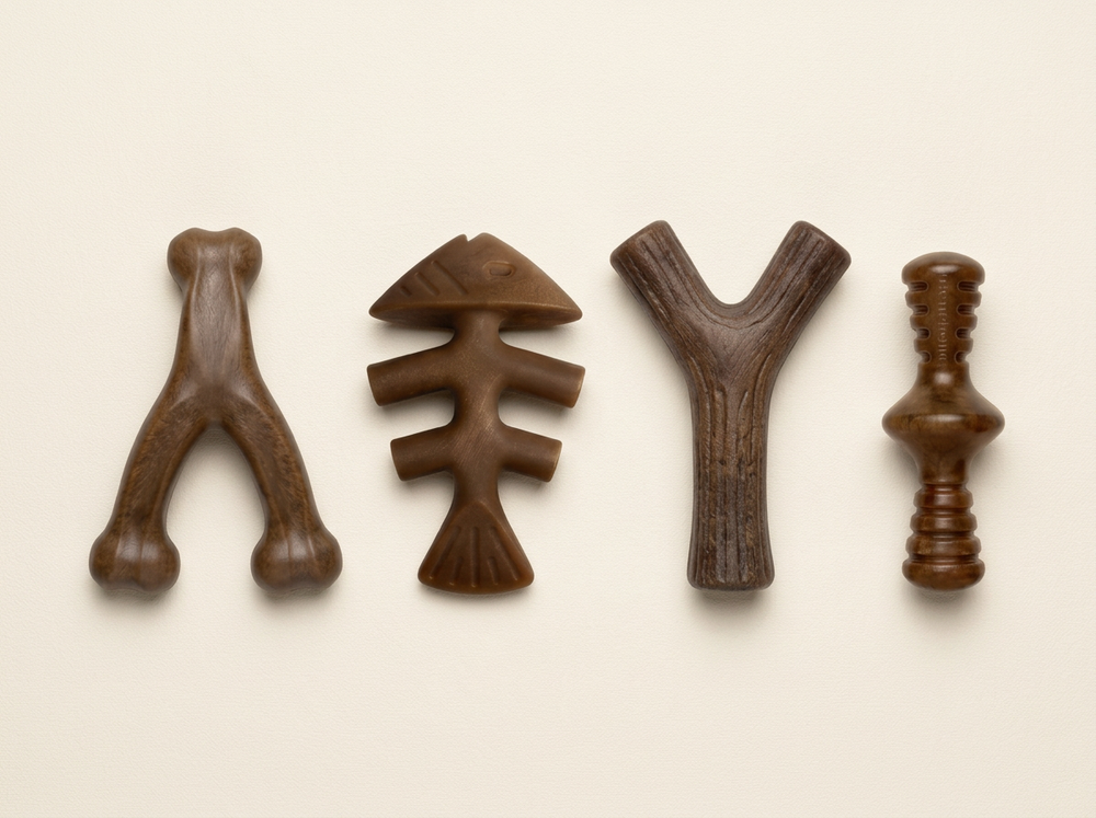 Complete set of four brown dog chew toys featuring wishbone, fishbone, Y-branch and ridged designs