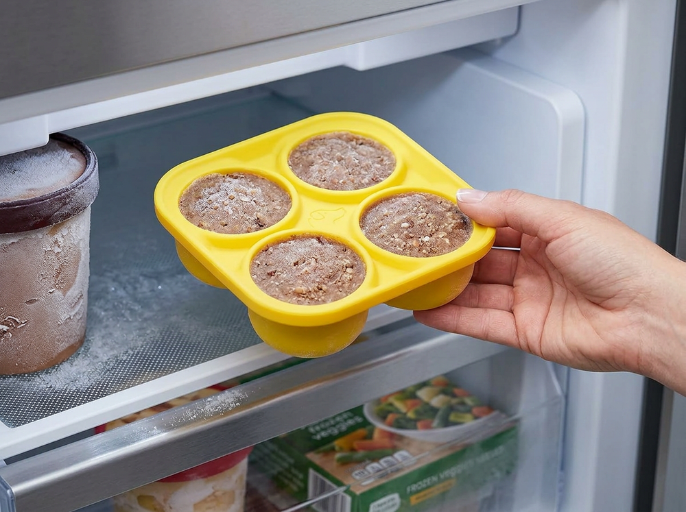 Yellow four-cavity dog treat tray filled with prepared treats being placed inside a freezer