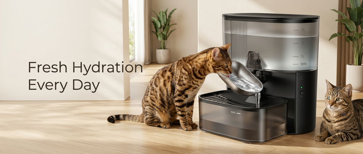Cats using a wireless 3.5 litre water fountain with stainless steel drinking bowl in a modern home