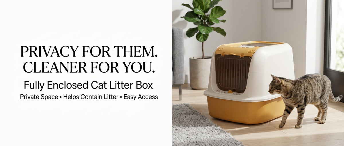 Cream and yellow fully enclosed cat litter box with brown front door in modern home
