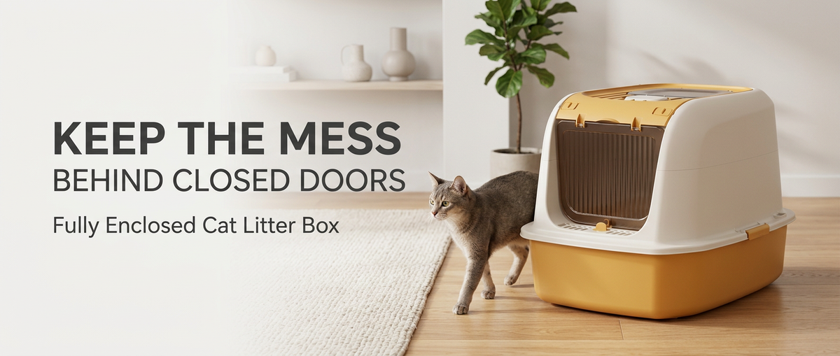 Fully enclosed cream and yellow cat litter box in a clean modern living room