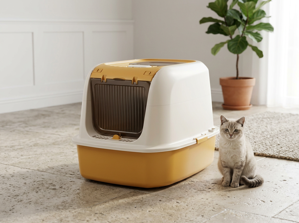 Fully enclosed cream and yellow cat litter box designed for cat privacy