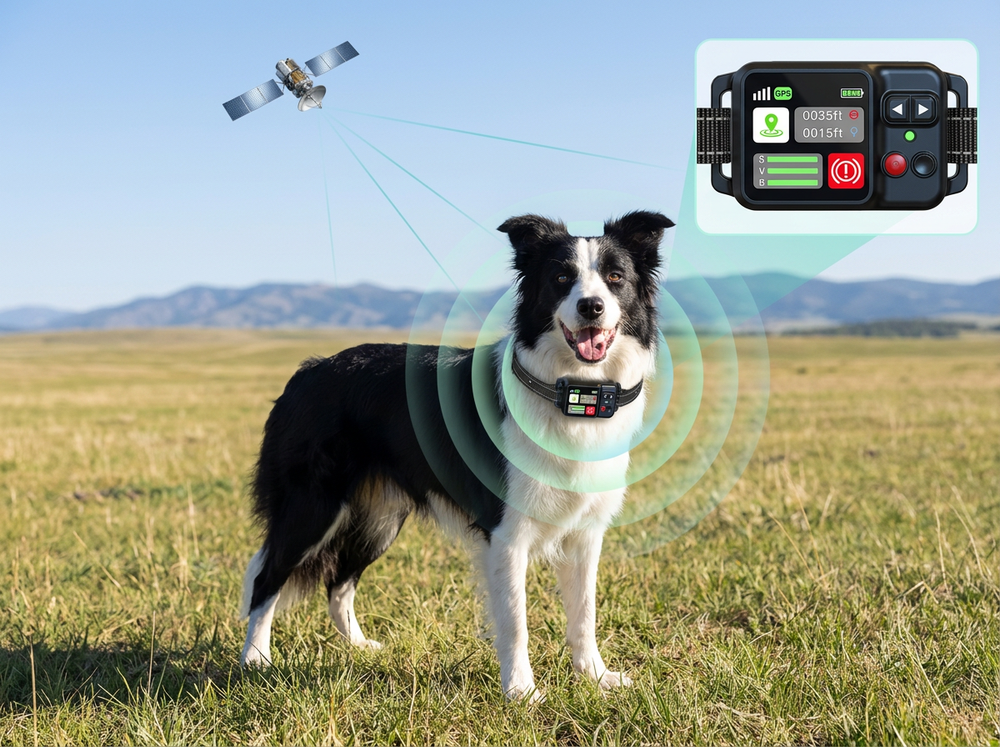 Smart dog collar establishing GPS positioning during outdoor setup.