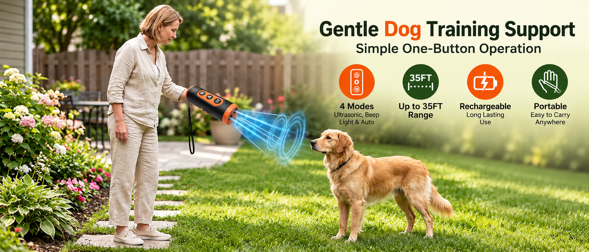 Woman using a black and orange handheld ultrasonic dog training device with four operating modes, 35FT range and rechargeable design while training a Golden Retriever outdoors.
