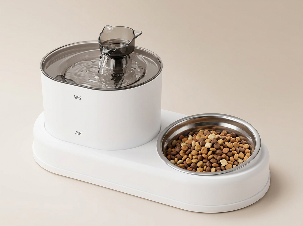 Clear water gently flowing from cat shaped outlet of automatic pet water fountain