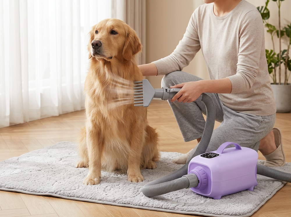 Golden Retriever being groomed with a lavender pet hair dryer and flexible hose in a bright home