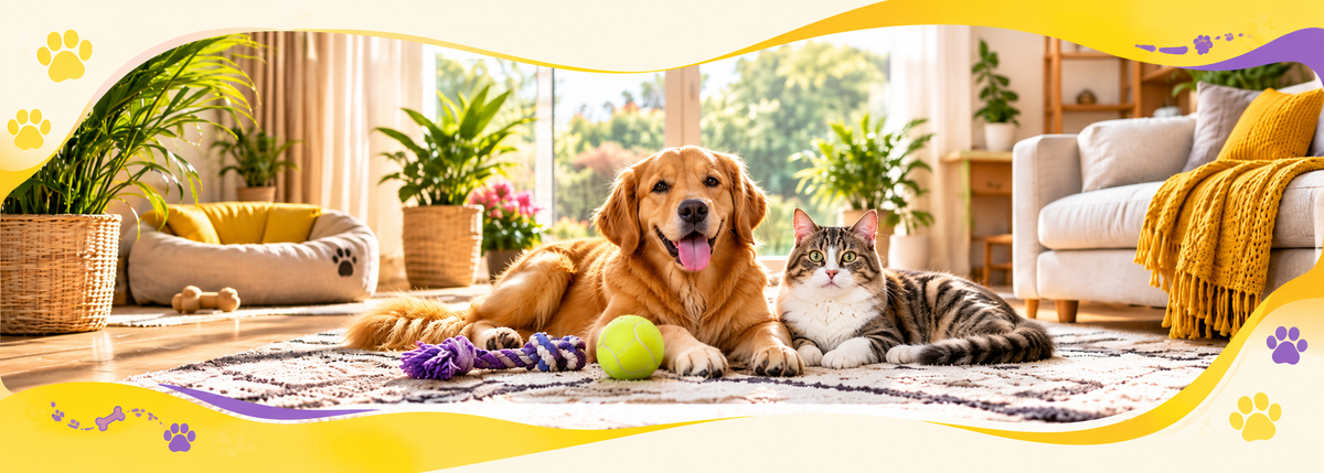 A golden retriever and a tabby cat relax together on a patterned rug in a bright living room, with a purple toy and a green tennis ball in front of them. The scene is framed by decorative yellow and purple paw-print borders.