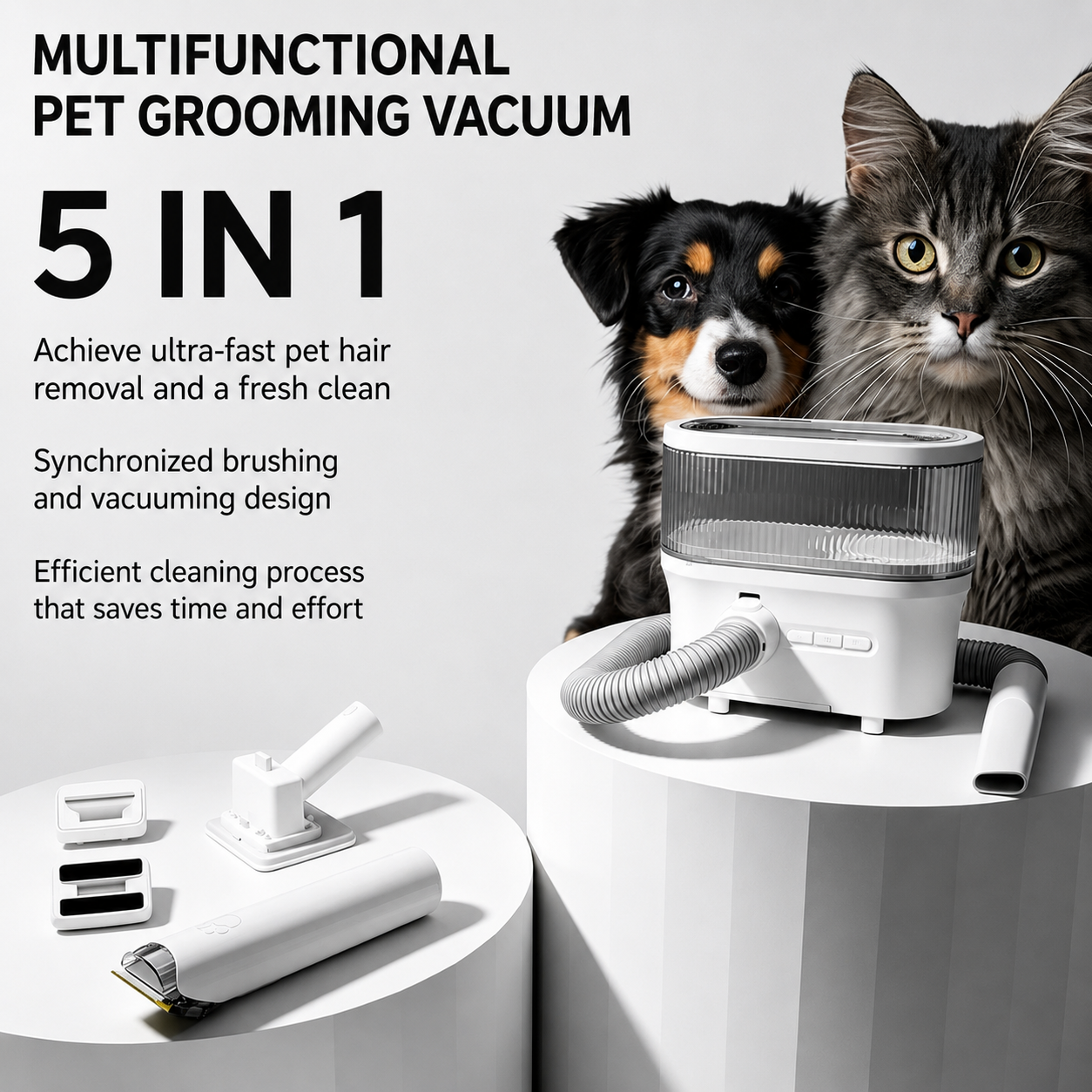 Dog grooming vacuum designed to collect loose pet hair while grooming
