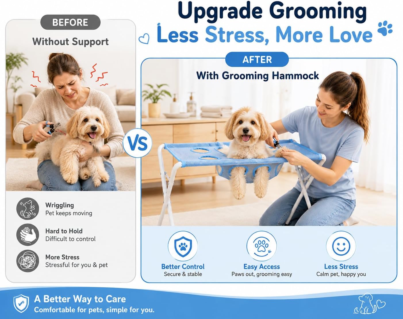 Multi-purpose pet grooming hammock for bathing nail trimming and routine pet care