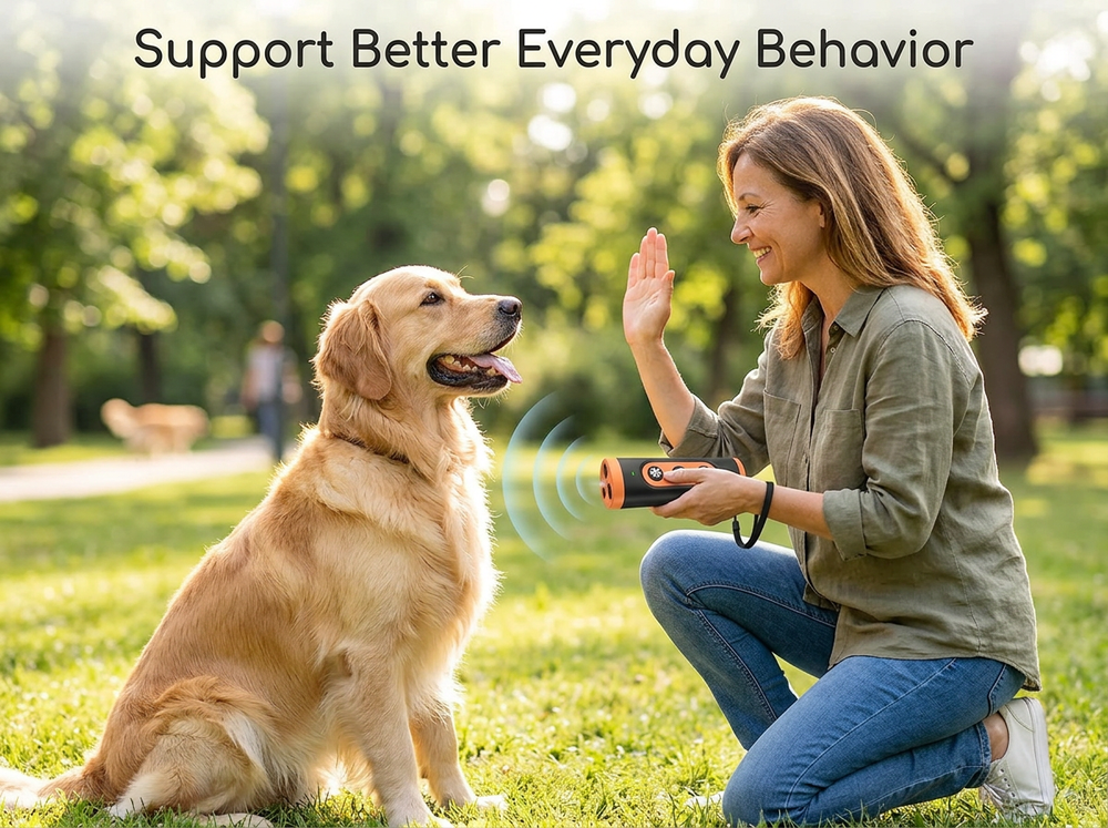 Pet owner using a handheld ultrasonic training device while teaching a dog a sit command.