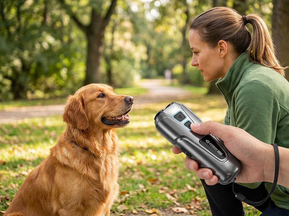 
Dog owner holding and pointing a portable ultrasonic training device toward a dog during outdoor training.
