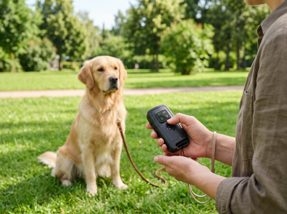 Person holding black ultrasonic dog training device toward a golden retriever in a park