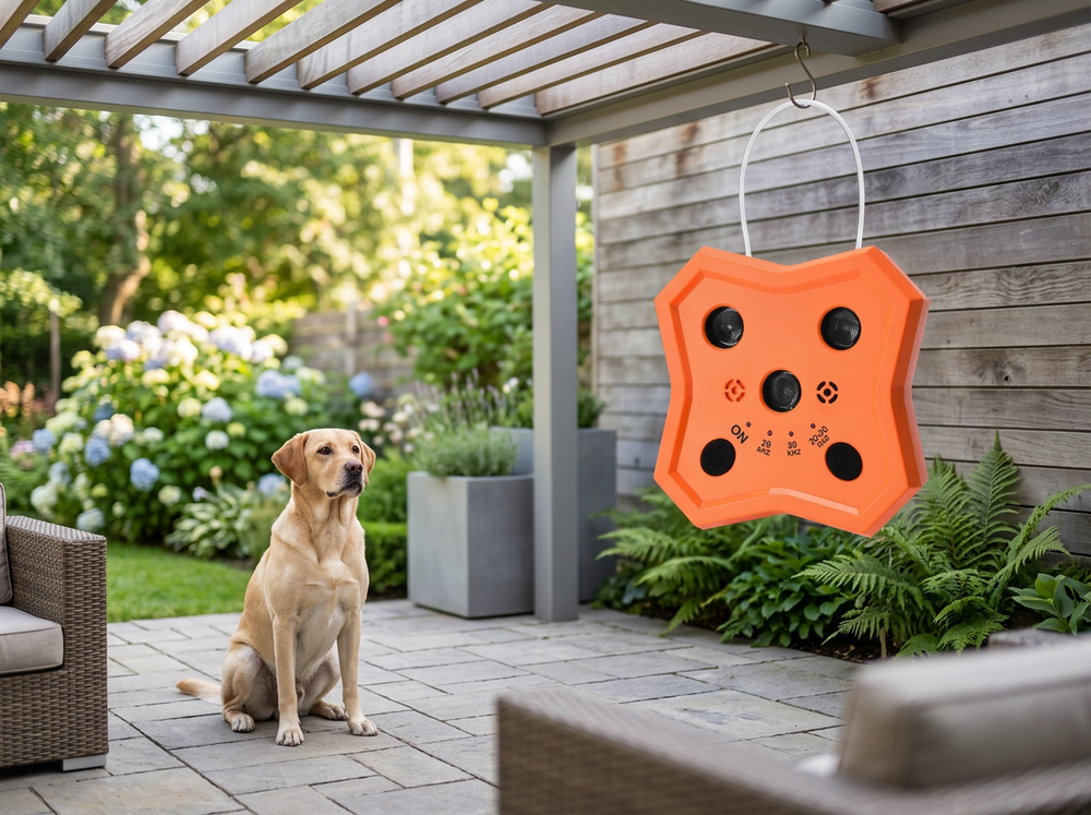 Orange ultrasonic dog bark deterrent hanging in an outdoor area facing a dog.