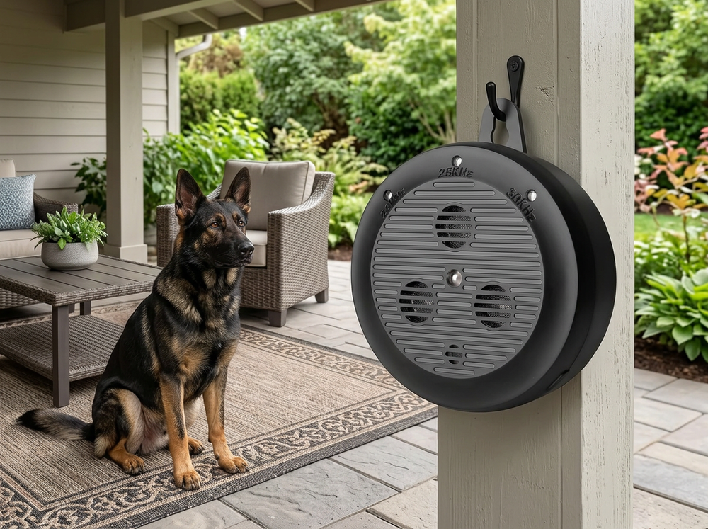 Round ultrasonic dog bark deterrent hanging in a suitable outdoor area facing a dog.