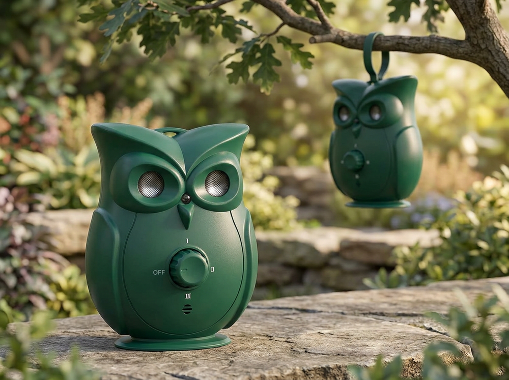 Dark green owl-shaped ultrasonic dog bark control device with integrated hanging loop and stable base