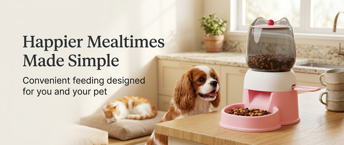 Dog and cat beside a pink pet food feeder in a modern home