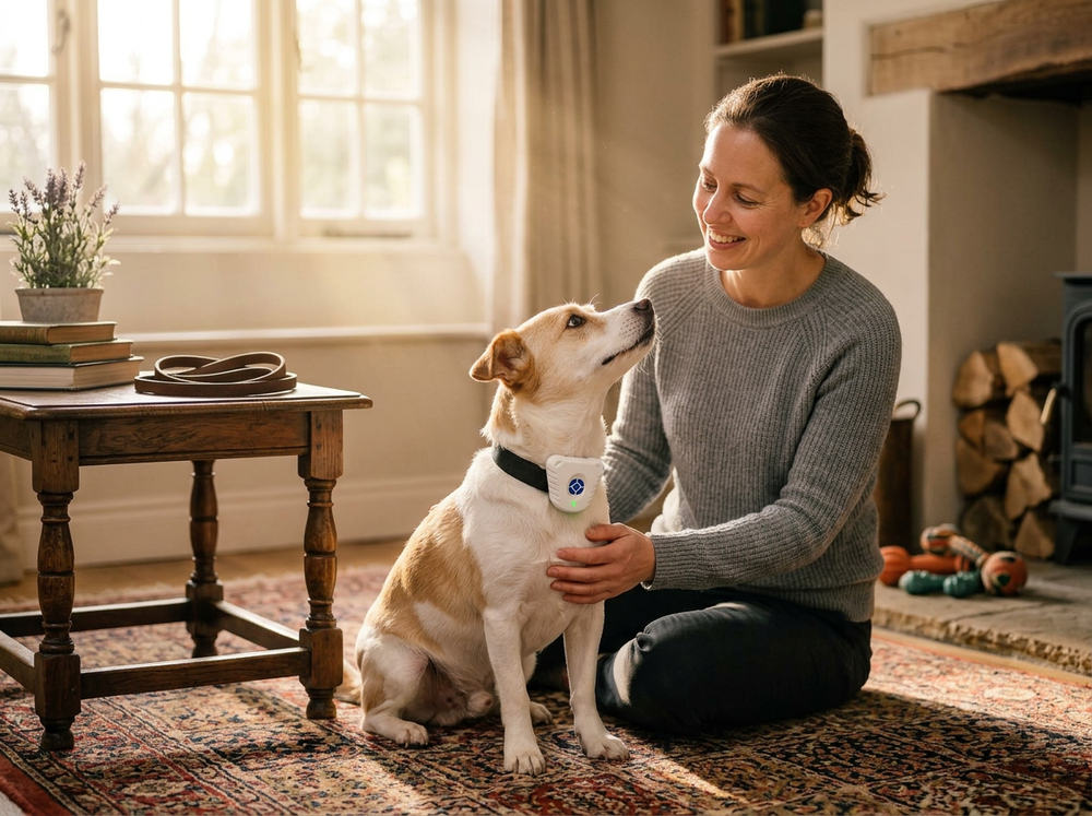 
 Calm happy dog after using ultrasonic bark training collar.