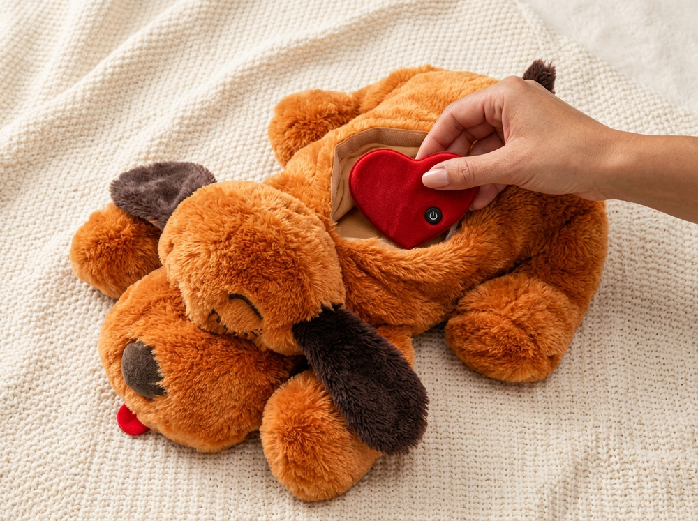  Heart-shaped heartbeat component being inserted into a brown plush puppy toy