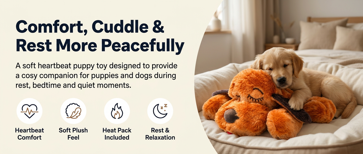  Brown heartbeat puppy plush toy cuddled by a resting puppy on a soft bed in a warm indoor setting