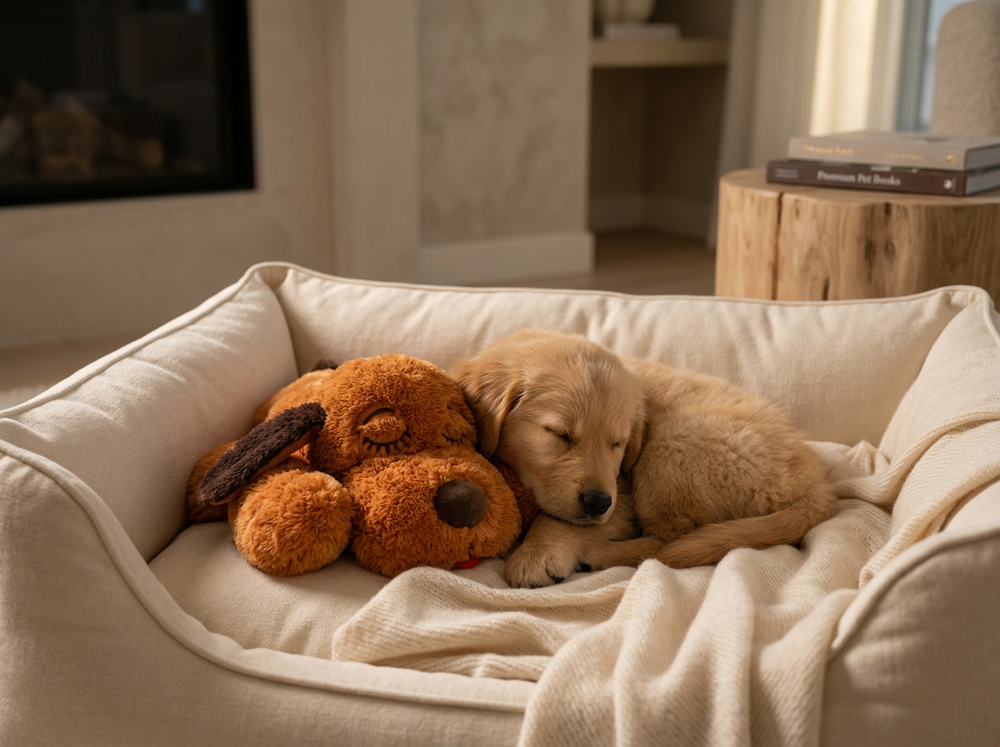  Sleeping puppy cuddling a soft brown heartbeat puppy plush toy on a cosy cream pet bed