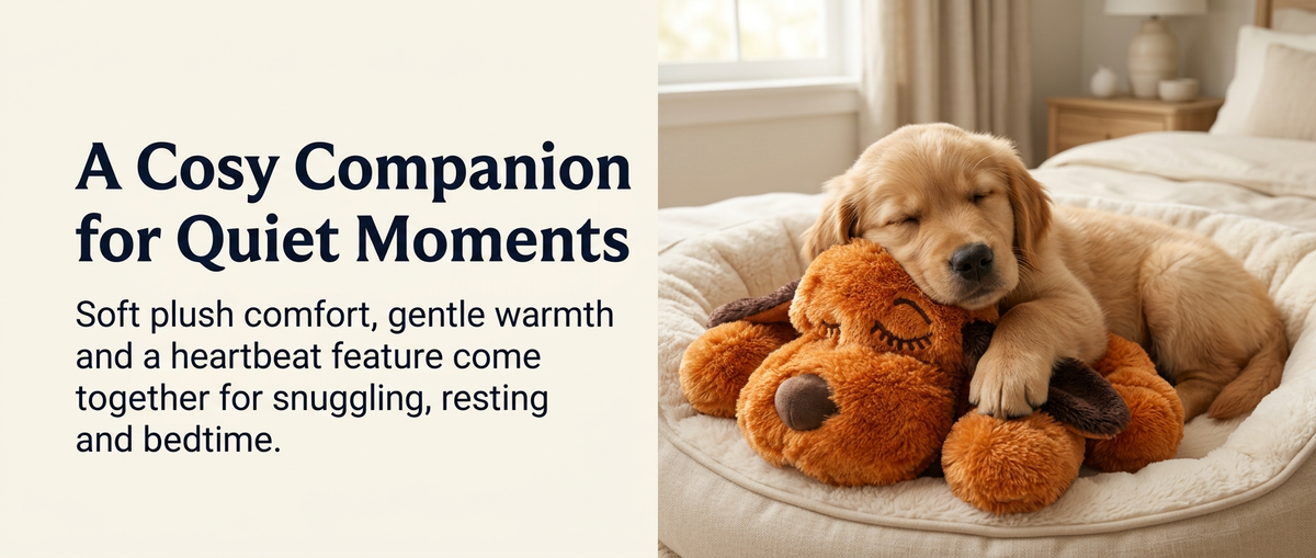 Puppy peacefully cuddling a brown heartbeat plush dog toy while resting on a soft bed in a warm home interior