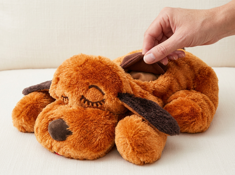  Hand opening the access compartment of a brown heartbeat puppy plush toy