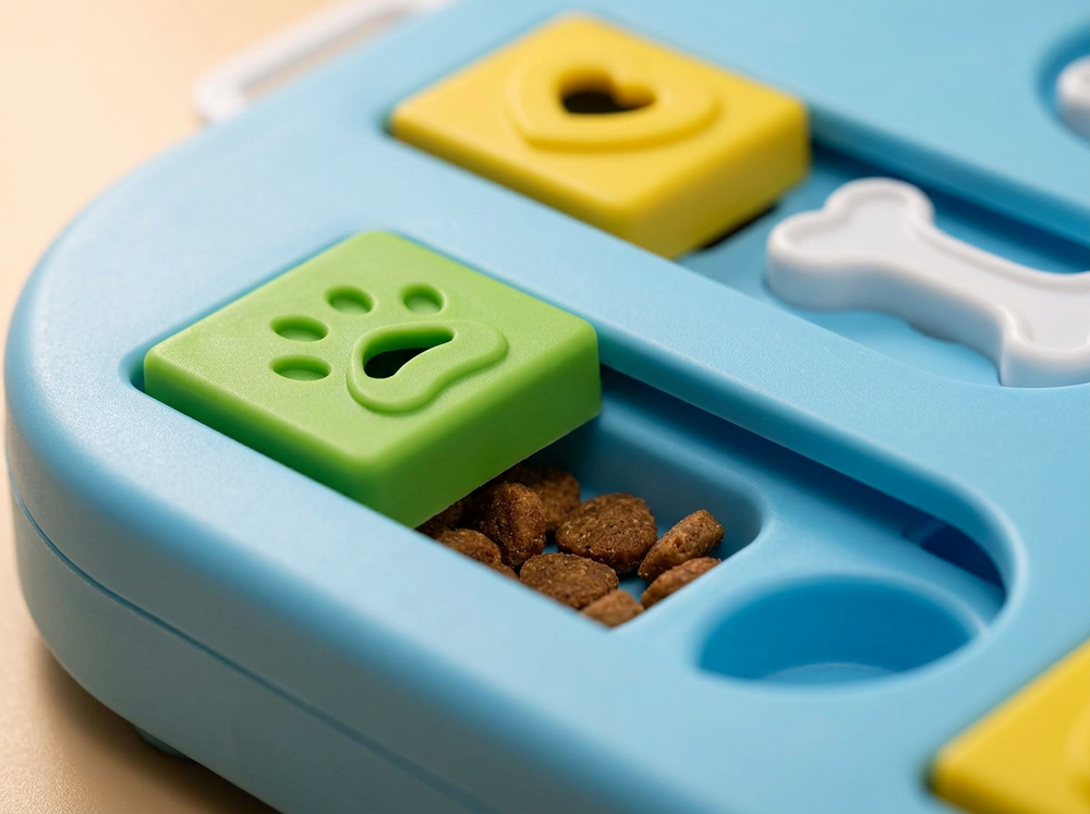Close-up of dry dog treats hidden beneath movable green and yellow pieces on a blue dog puzzle feeder