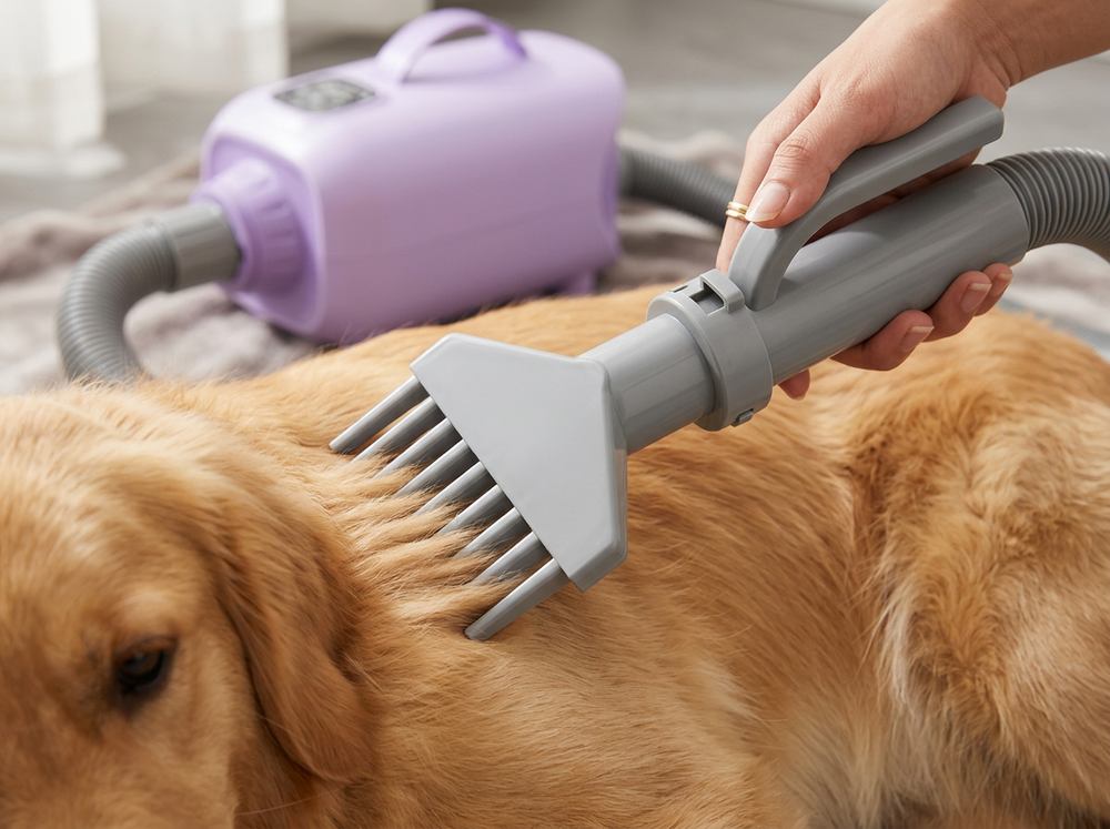  Golden Retriever coat moving gently while being dried with a wide nozzle connected to a high-power pet dryer