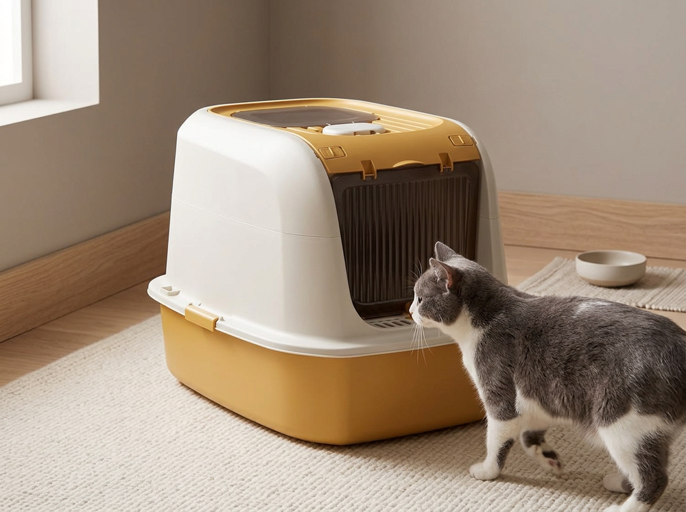 Tall enclosed walls of cream and yellow cat litter box for containing litter