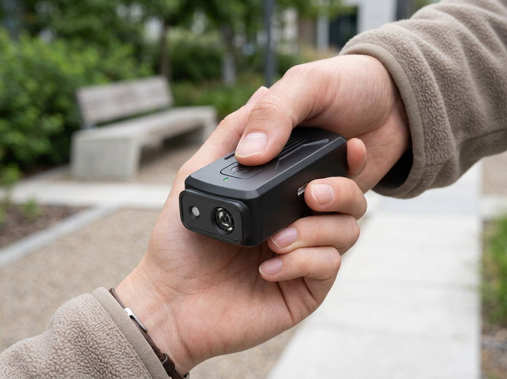 

Owner holding portable ultrasonic dog training device.