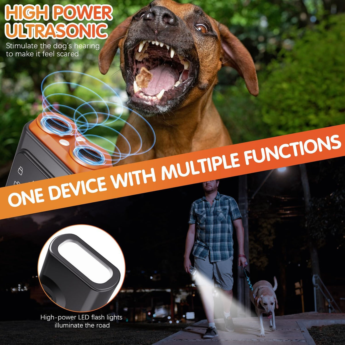 Ultrasonic dog training device providing a non-contact bark control solution