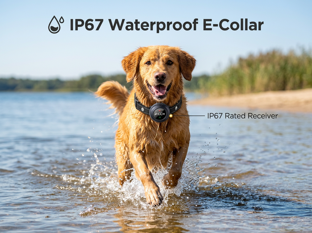 Dog wearing an IP67 waterproof electronic training collar while running through shallow water.