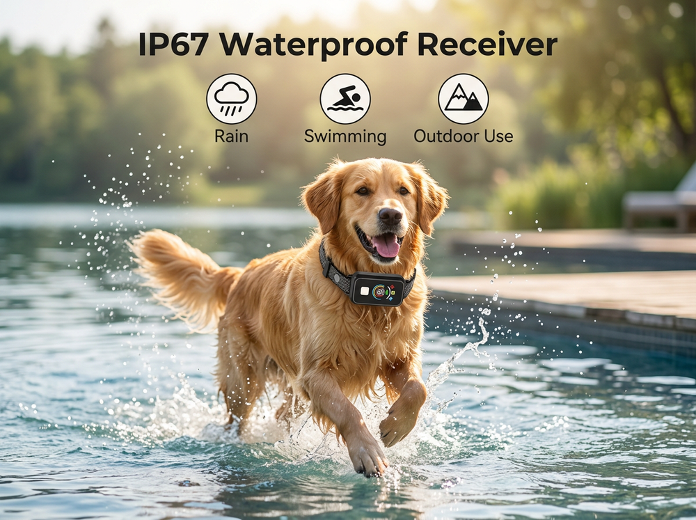 Dog wearing an IP67 waterproof training collar receiver while playing in water.